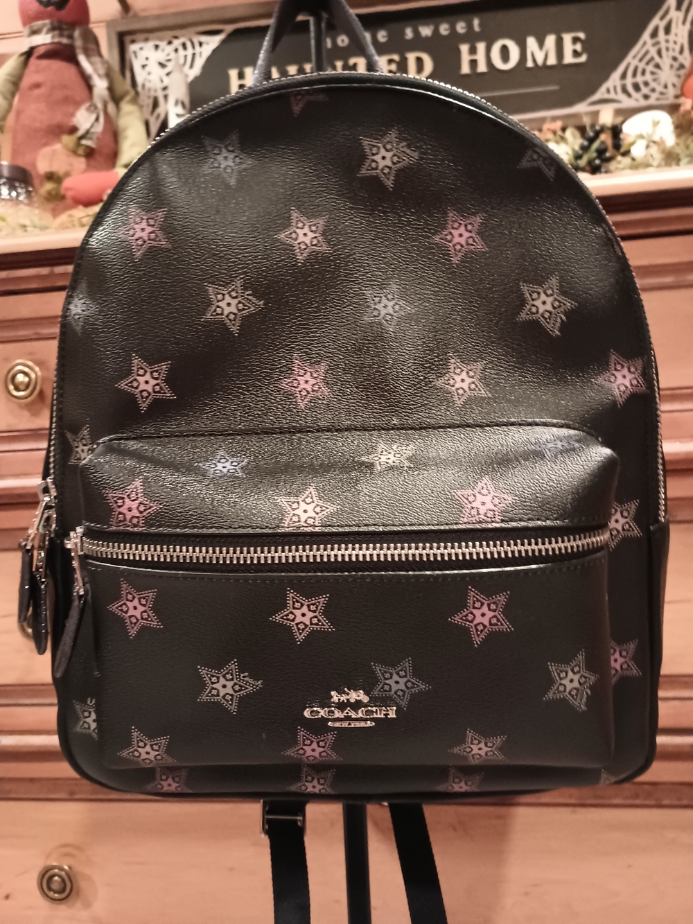 COACH Charlie Medium Leather Backpack Black Pink Metallic Star Print F30550